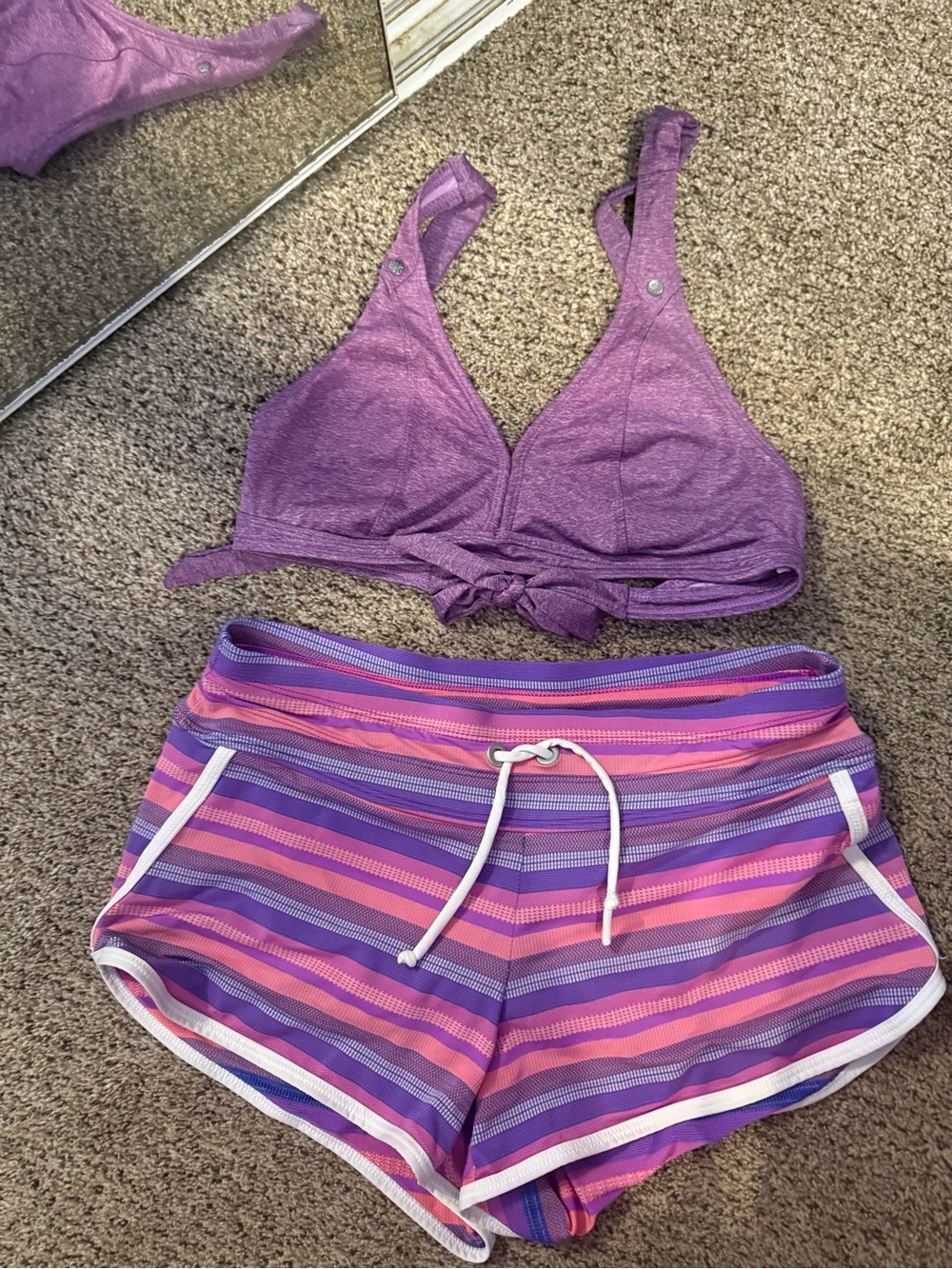 Athleta Purple Bralette & Pink-Purple Striped Shorts Set